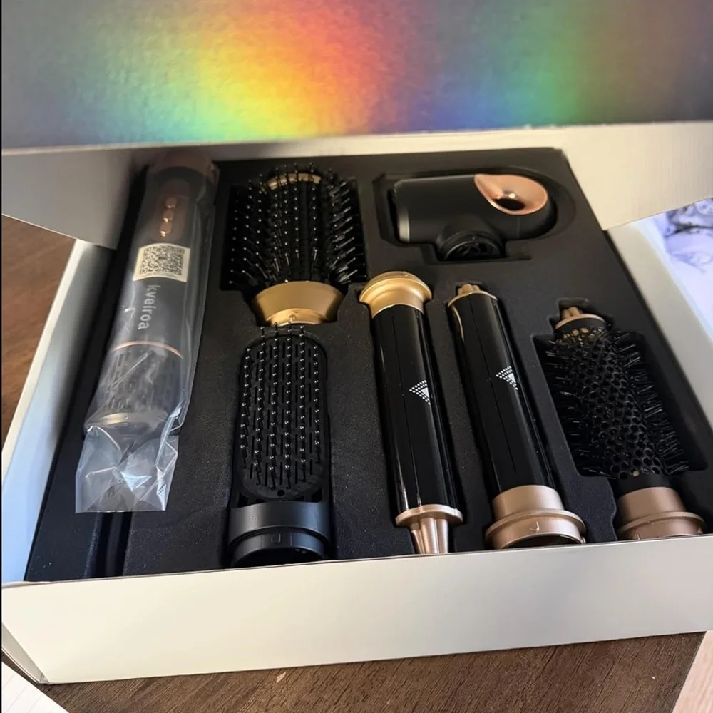 NEW! 6 in 1 Hot Air Brush & Hair Dryer with Auto Wrap Curlers Black Gold